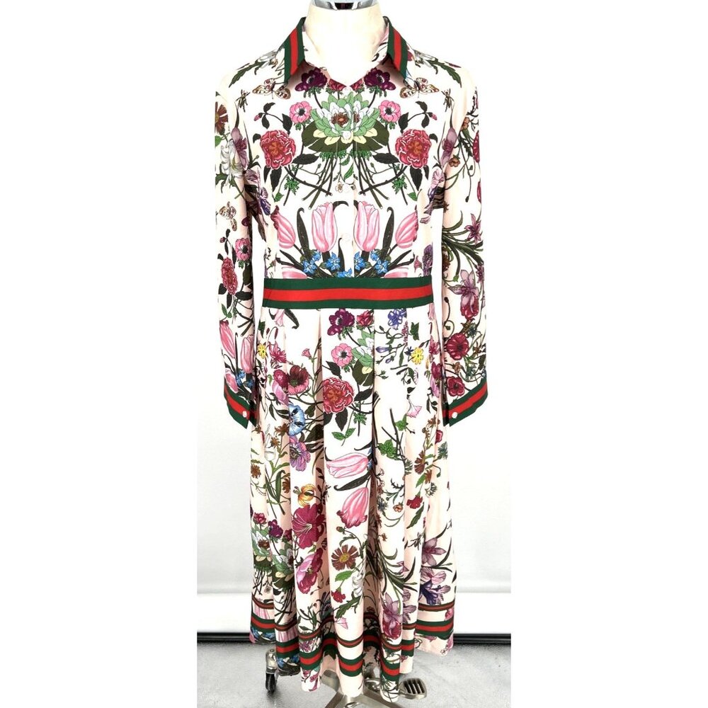 Floral Print Pink & Cream Maxi Dress with Green Trim